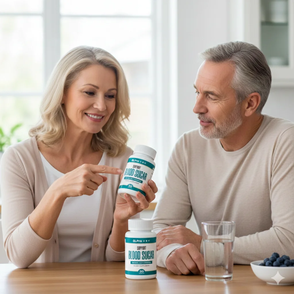 Couple reviewing the GL Pro blood sugar support supplement at home